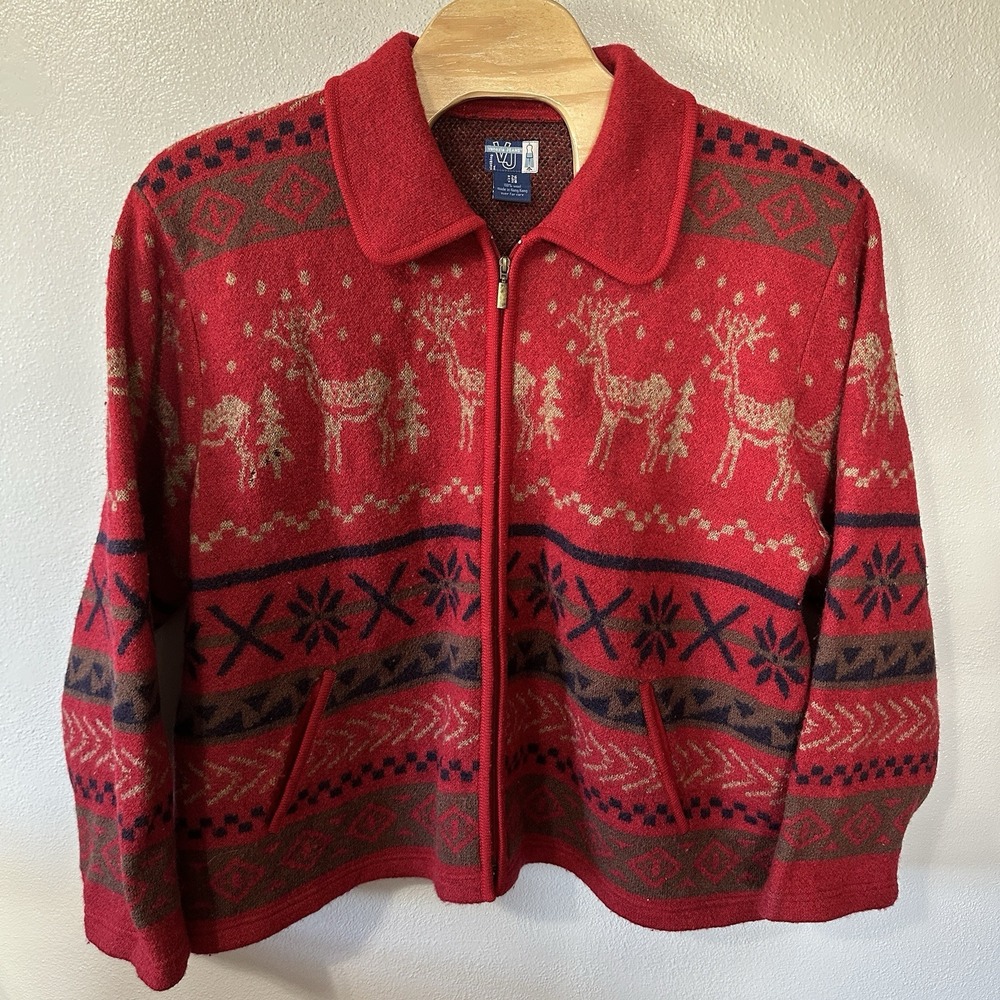 VENEZIA JEANS Red Nordic Ski Christmas 100% Wool Full Zip Cardigan Sweater 26/28